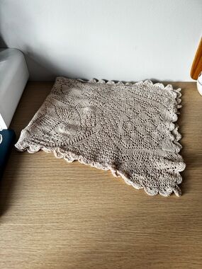 Handmade Crochet Doily - Light Beige Scalloped Square